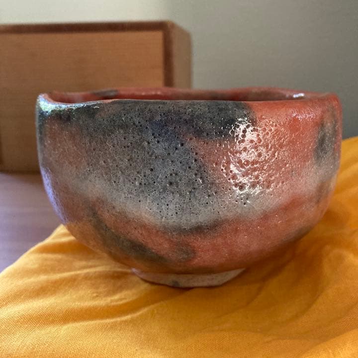 西森静楽○茶碗 赤○共箱、布○ヴィンテージ茶道具