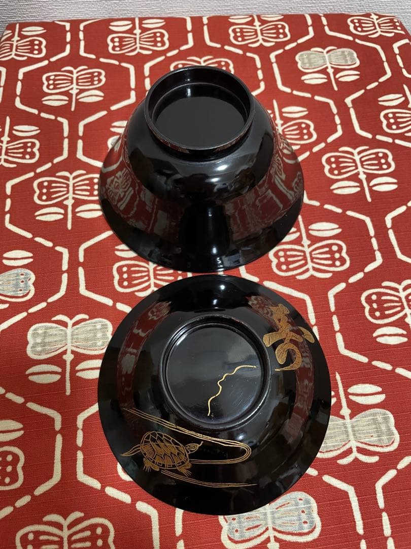 木製漆器　亀　寿　黒漆塗　内側　 朱漆塗　吸い物椀　椀　向付　8客揃い