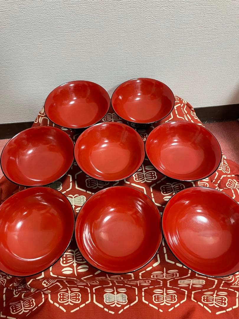 木製漆器　亀　寿　黒漆塗　内側　 朱漆塗　吸い物椀　椀　向付　8客揃い