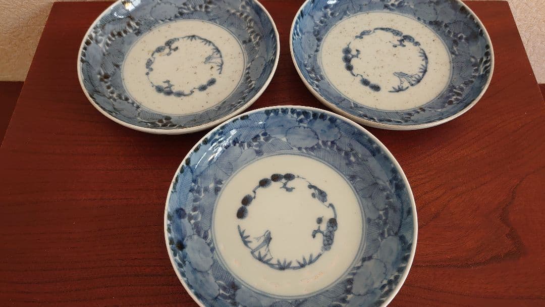 古伊万里　伊万里　松竹梅 染付 江戸期　冨貴長春　白抜き　５寸皿　３客