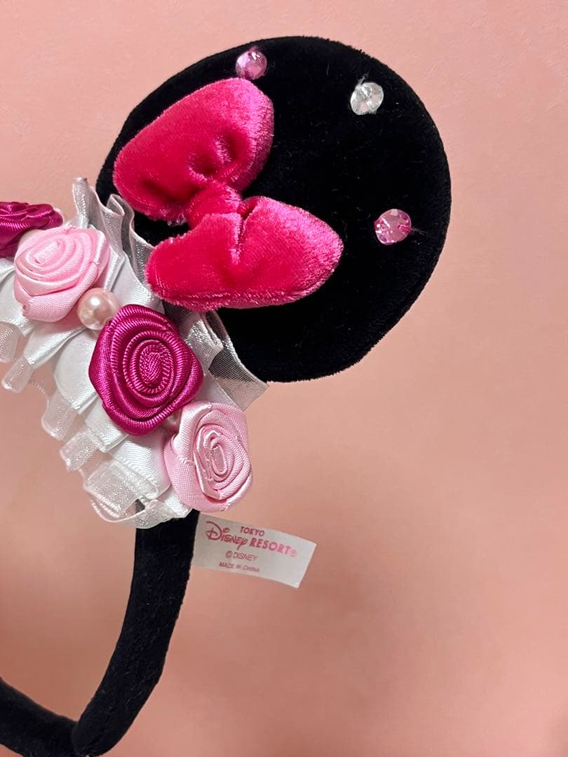 即日発送 ディズニー ミニー カチューシャ ピンク リボン レース 薔薇