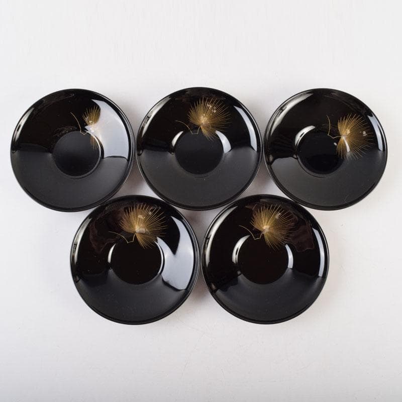 輪島塗　大向高洲堂　黒漆　飛松沈金　銘々皿　五客　箱付　N　9006