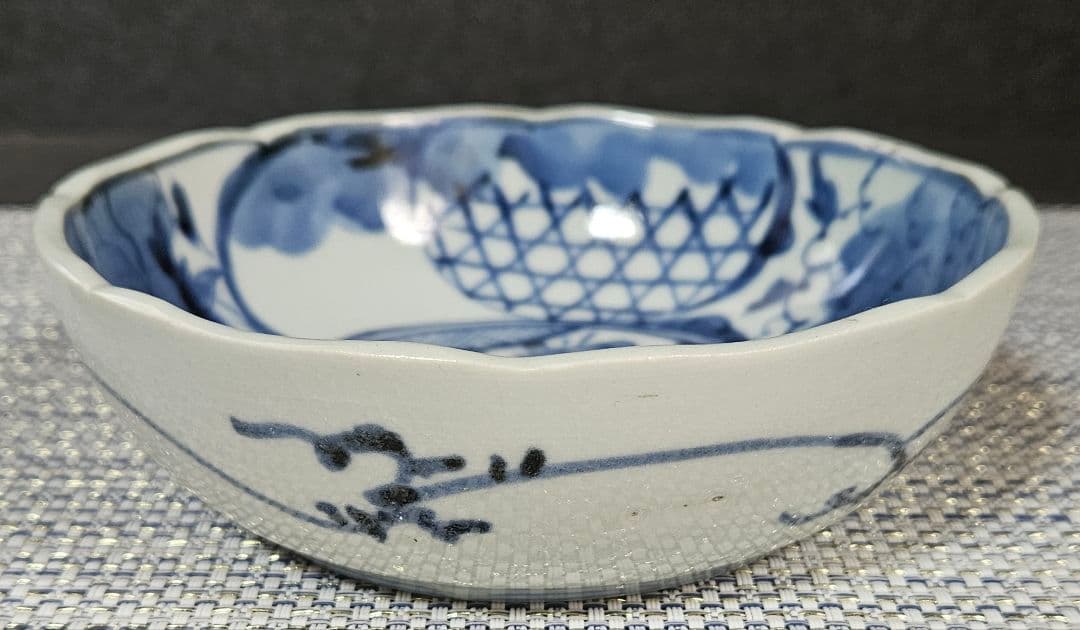 江戸時代中期～後期 古伊万里 染付 花の図 厚手造り なます皿 膾皿 深