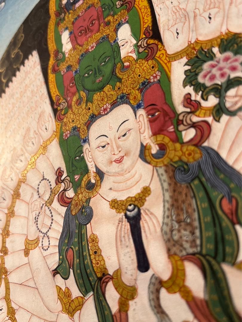 40年前のアンティーク 仏画 仏絵 手書 タンカ 十一面千手