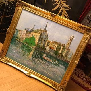 水辺の風景 油彩画 金色フレーム