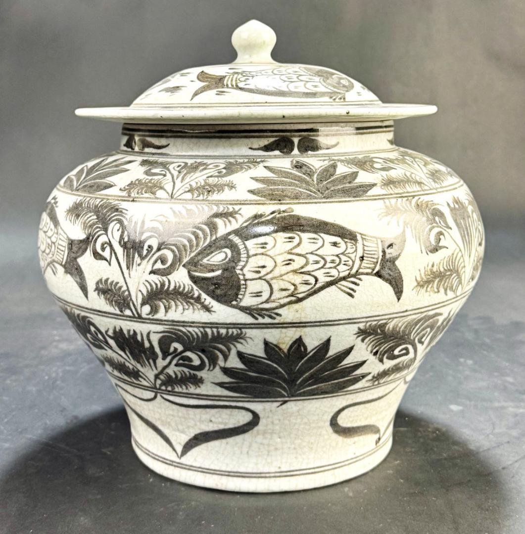 時代物 釉里紅魚藻紋盖罐 中国古玩 唐物 古陶瓷品 歴史有る年代物WWTT187