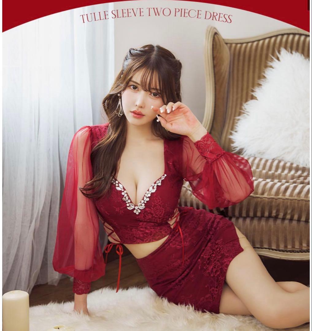 JEWELSセットアップミニドレスチュール袖キャバドレス Mサイズ ワインレッド