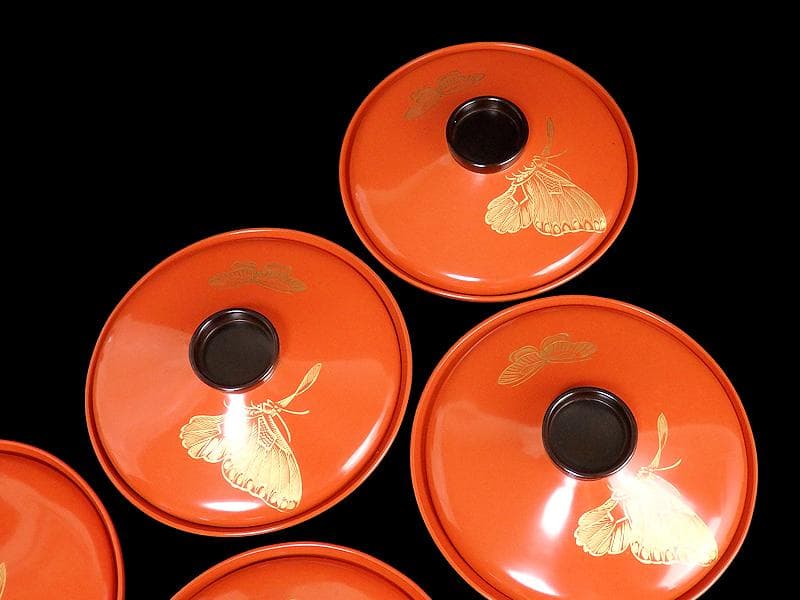 沈金　吸物椀　蝶に孔雀の図　朱色　木製品　５客　N1105AS-fbui