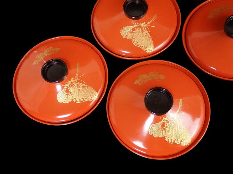 沈金　吸物椀　蝶に孔雀の図　朱色　木製品　５客　N1105AS-fbui