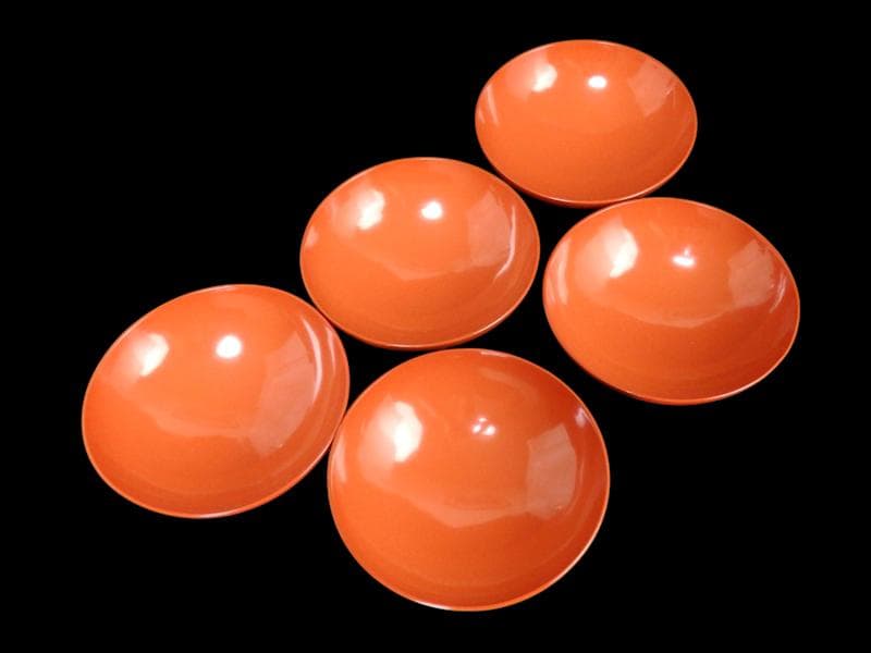 沈金　吸物椀　蝶に孔雀の図　朱色　木製品　５客　N1105AS-fbui