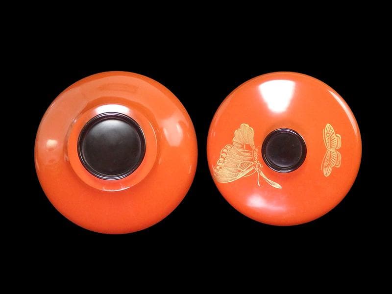 沈金　吸物椀　蝶に孔雀の図　朱色　木製品　５客　N1105AS-fbui