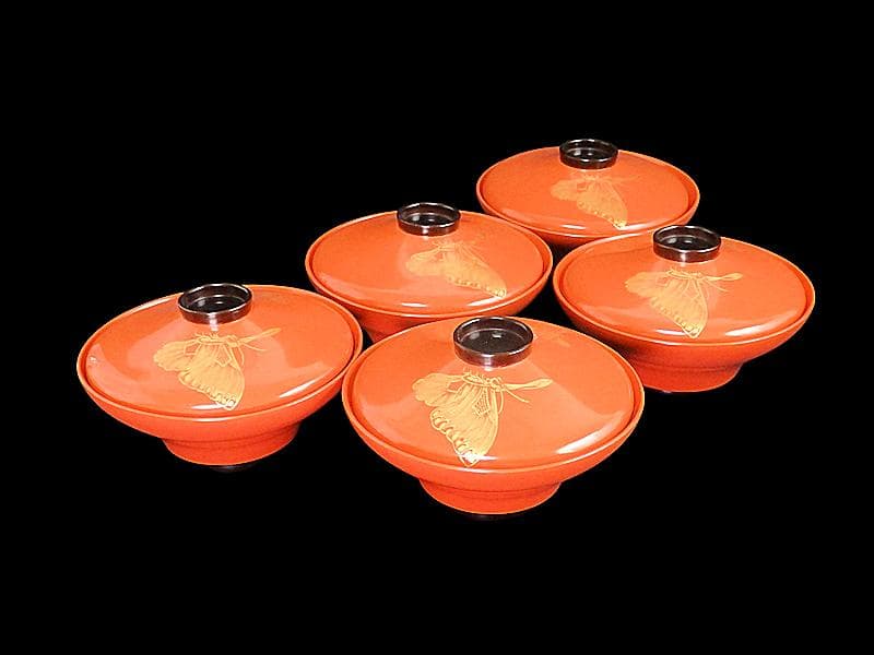 沈金　吸物椀　蝶に孔雀の図　朱色　木製品　５客　N1105AS-fbui