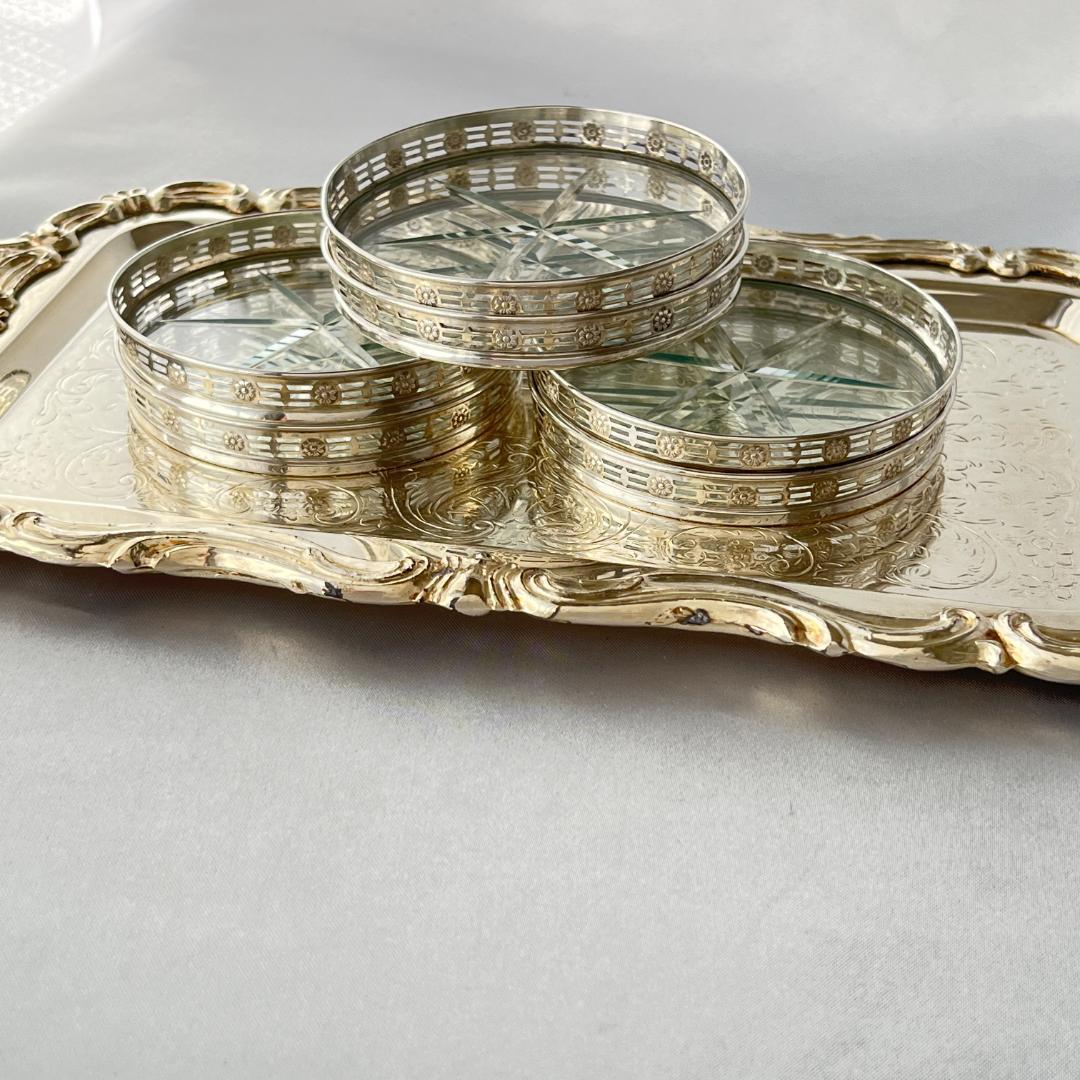 【WEBSTER】 フローラルのコースター 6枚【純銀/ガラス】 スターリング