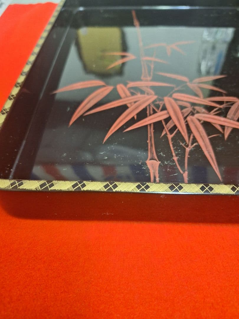 新品！輪島塗祝盆　朱竹　沈金アジロ付き