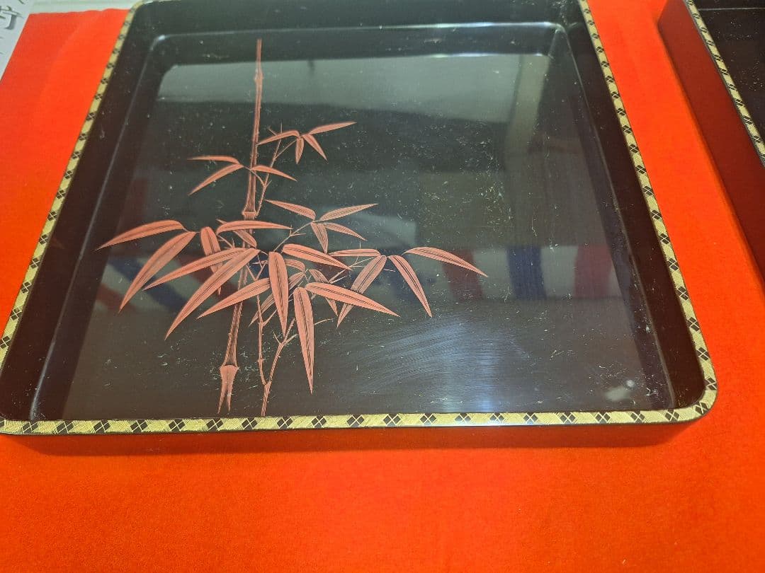 新品！輪島塗祝盆　朱竹　沈金アジロ付き