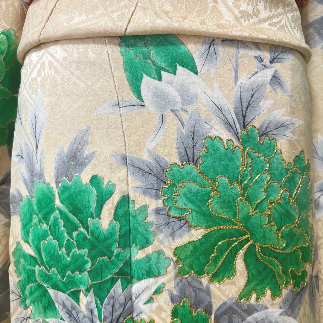 398 振袖フルセット 正絹 クリーム グリーン 緑 黄 金彩 手描き 駒刺繍