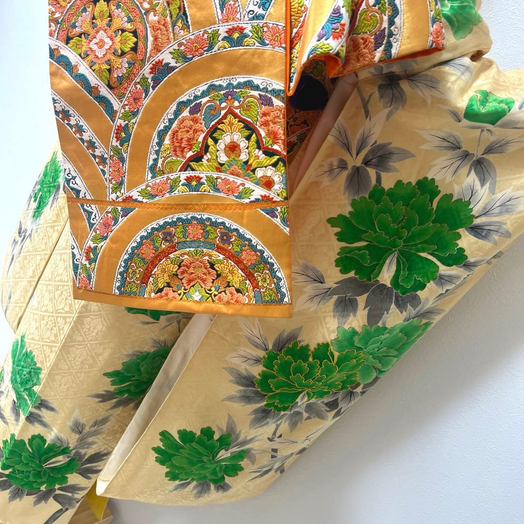 398 振袖フルセット 正絹 クリーム グリーン 緑 黄 金彩 手描き 駒刺繍