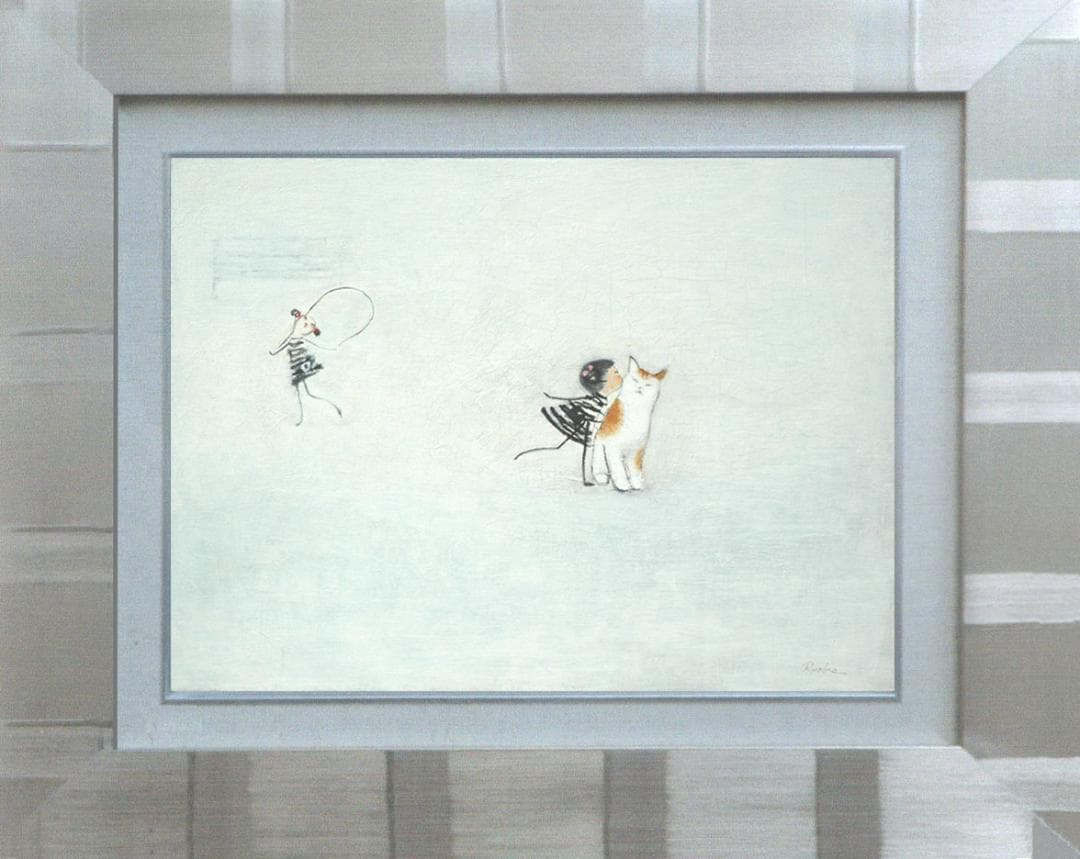 油絵 菅家令子絵 絵画インテリア額付(青緑＋金色の枠)F4-090718子猫女子