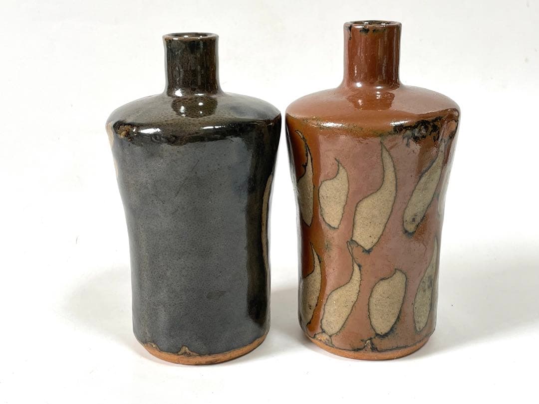人間国宝　濱田庄司　浜田庄司　柿釉　鉄釉　酒器　徳利　盃　一対　共箱　トウキビ文