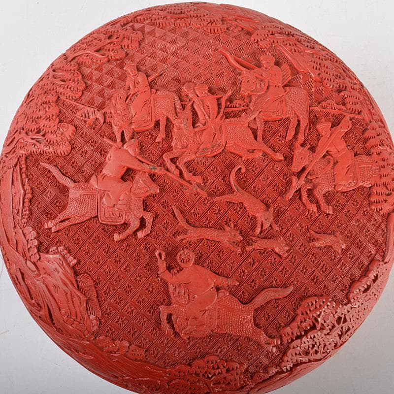 中国　堆朱風　山水人物文　蓋物　V　6442