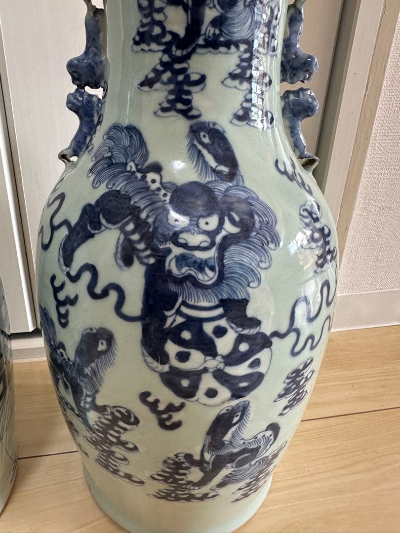 清時代 染付大花瓶 青華 獅子 骨董古美術