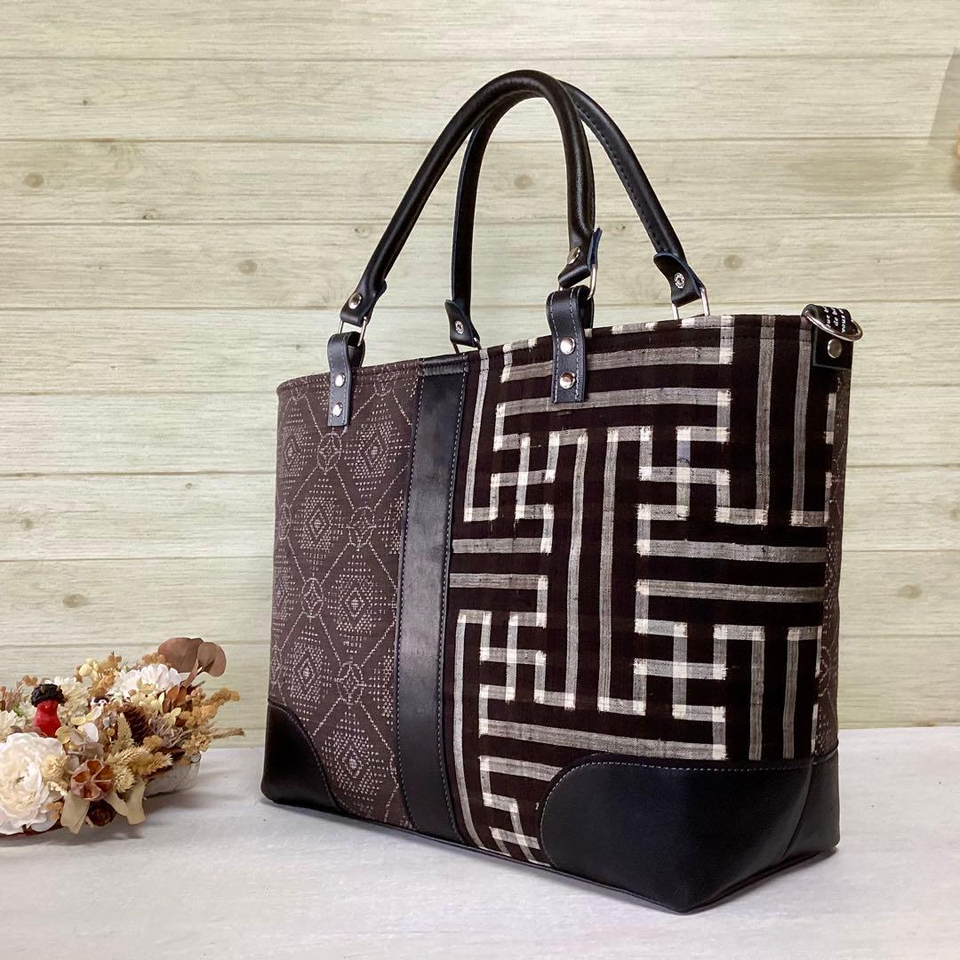 秋名バラ 大島紬 ×本革 着物リメイク トートバッグ 和装バッグ ハンドメイド