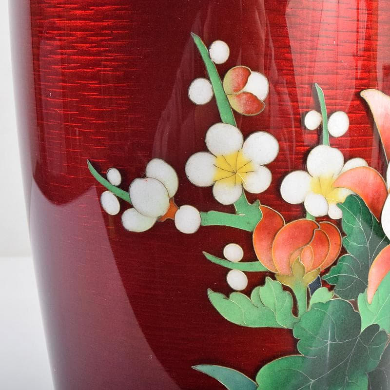 七宝焼　赤透釉　四君子文　花瓶　M　R9121