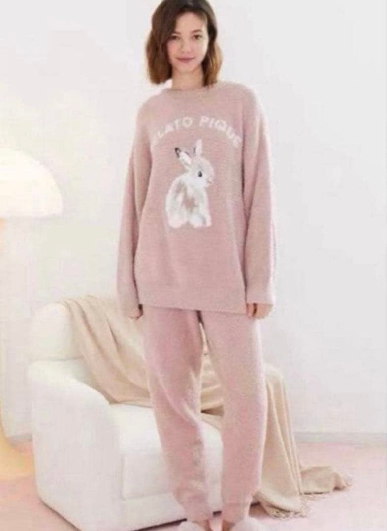 新品ジェラートピケラビットジャガードプルオーバー&ロングパンツ　上下　ピンク