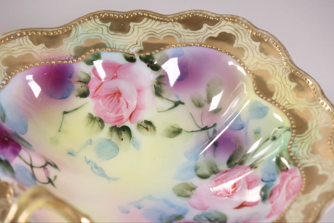 【CM297】オールドノリタケ 花 皿 薔薇 パンジー 金彩 イエロー 黄色