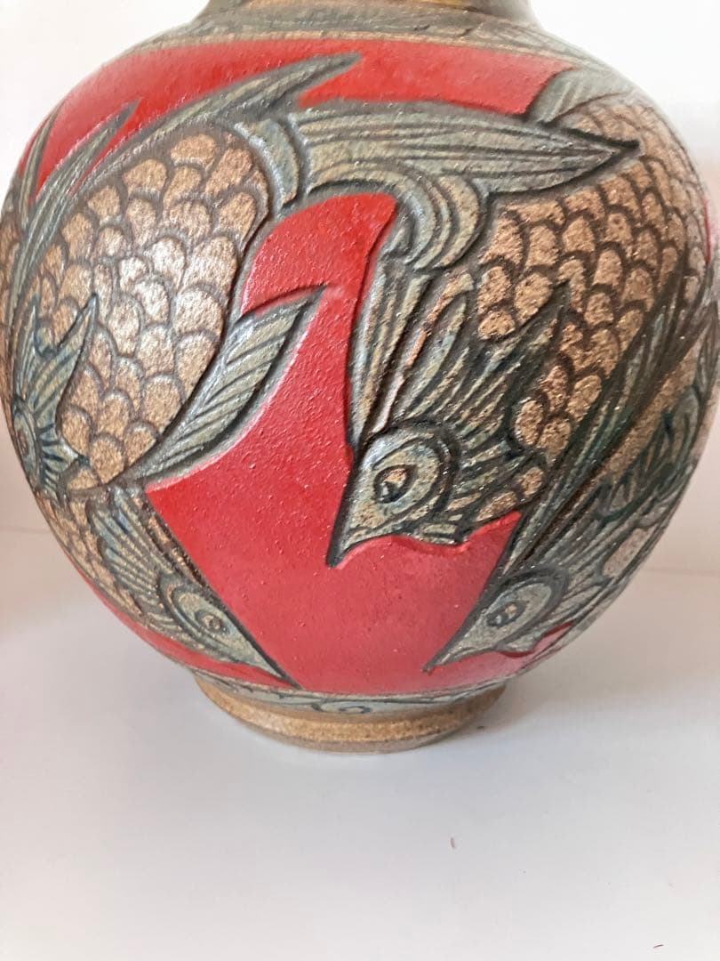 壺屋焼赤絵魚紋壺伝統工芸花瓶沖縄やちむん陶芸壺
