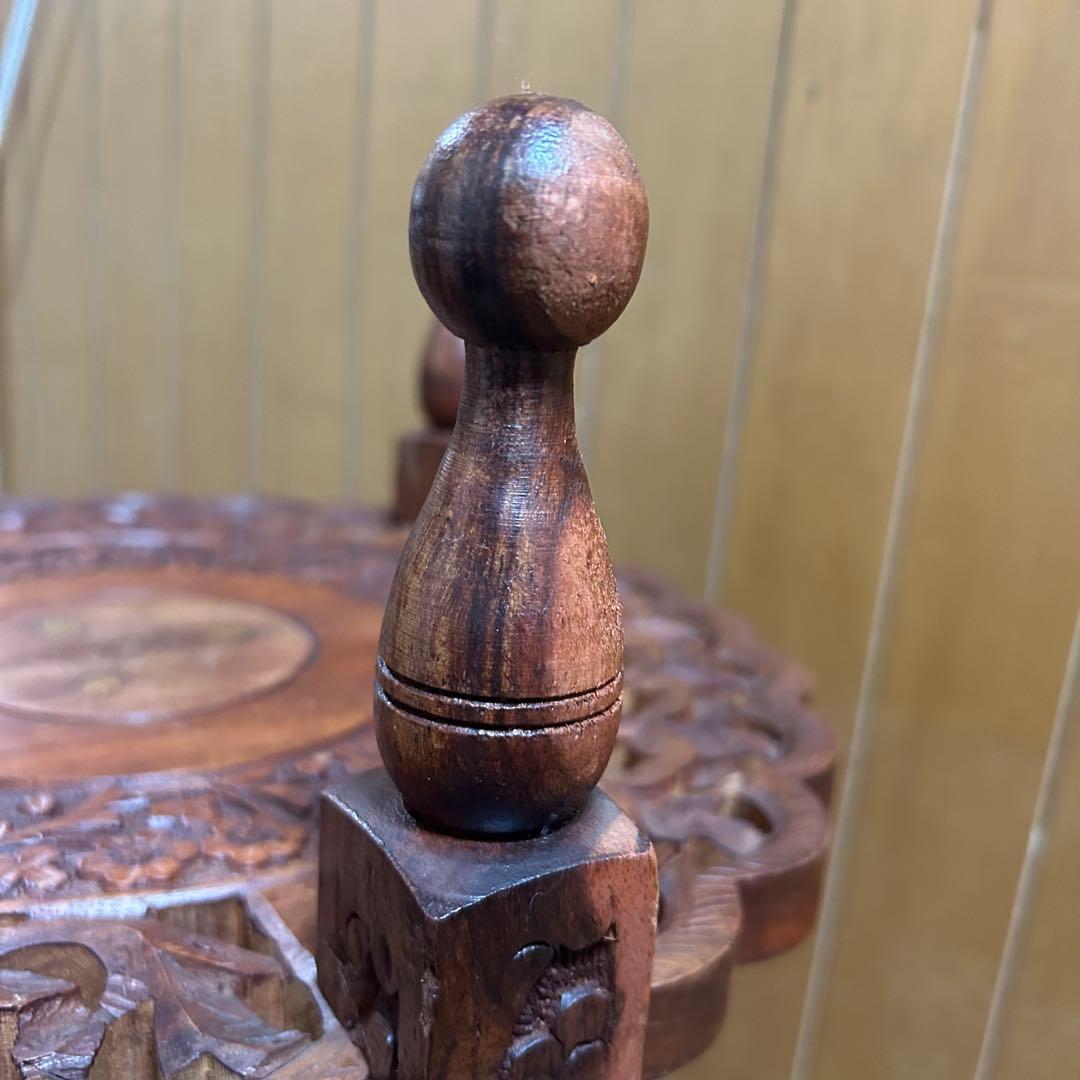 木製2段シェルフ【象嵌細工•彫刻透し彫り】サイドテーブル 飾り棚 花台