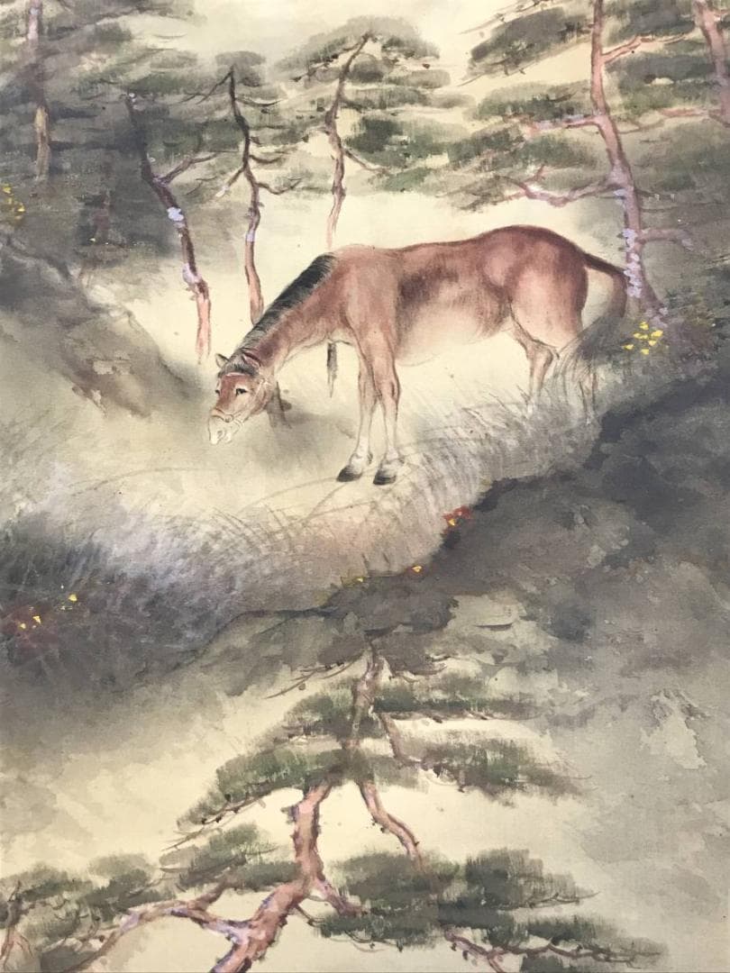 【真作】玉置頼石/天高馬肥/秋景馬図/馬図/山水図/掛軸/名家伝来/AB-935