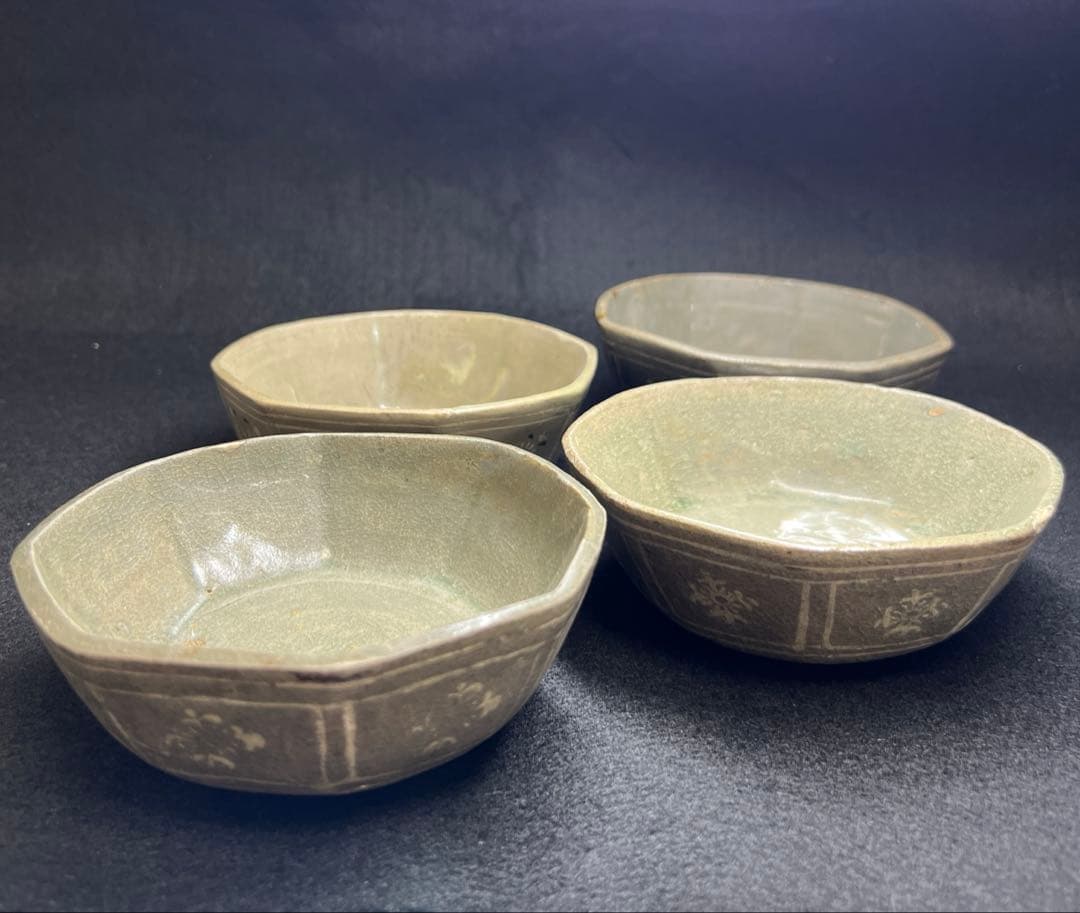 16世紀 高麗青磁 上手白泥象嵌八角鉢4客 幅約11.5㎝