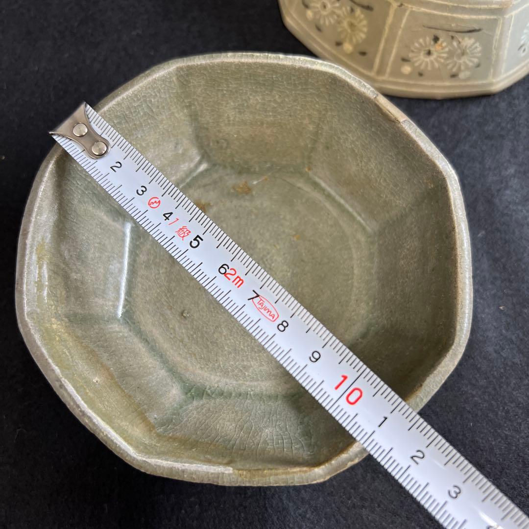 16世紀 高麗青磁 上手白泥象嵌八角鉢4客 幅約11.5㎝