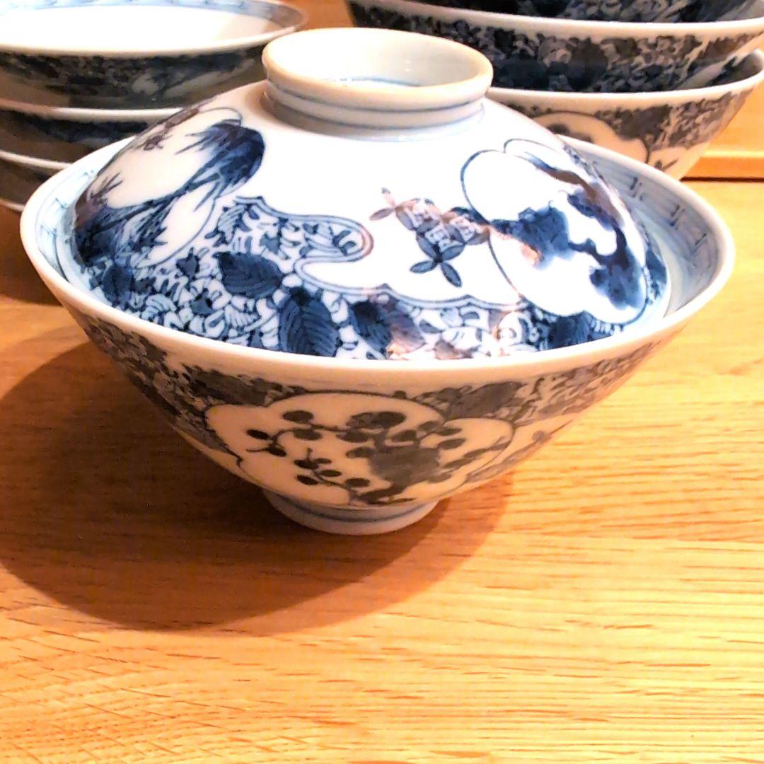 伊万里焼 藍染付け 蓋付き飯茶碗 5客セット アンティーク