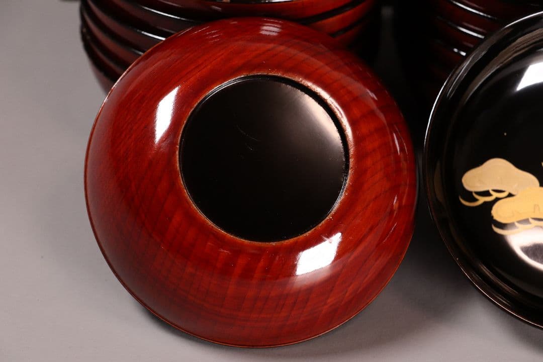 漆芸 輪島塗 松蒔絵 木皿 二十客 欅地 木地溜塗 黒塗 金蒔絵 【MA359】