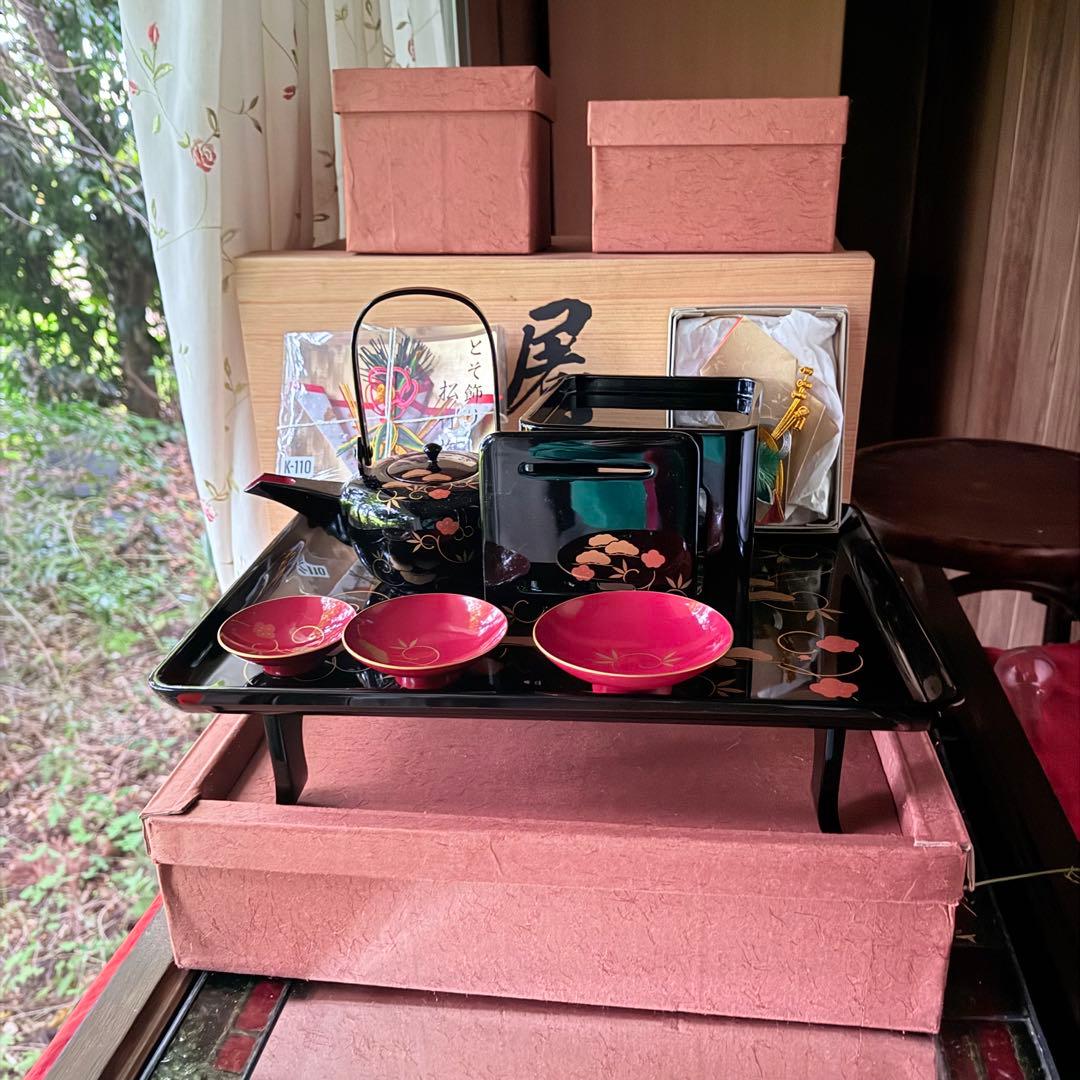 超限定1月12日迄‼️節目にJAPAN天然木会津塗お屠蘇器蒔絵松竹梅四ッ揃杉箱入