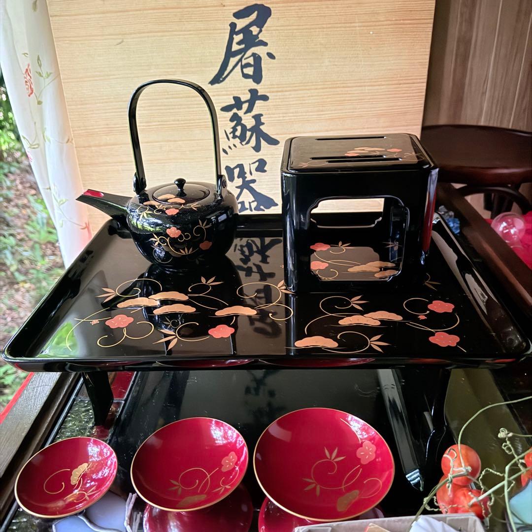 超限定1月12日迄‼️節目にJAPAN天然木会津塗お屠蘇器蒔絵松竹梅四ッ揃杉箱入