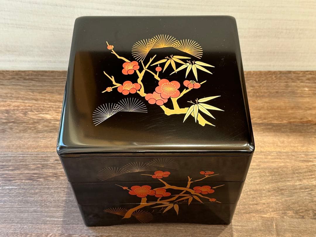 【未使用】会津塗 木製漆器 重箱 3段 松竹梅柄