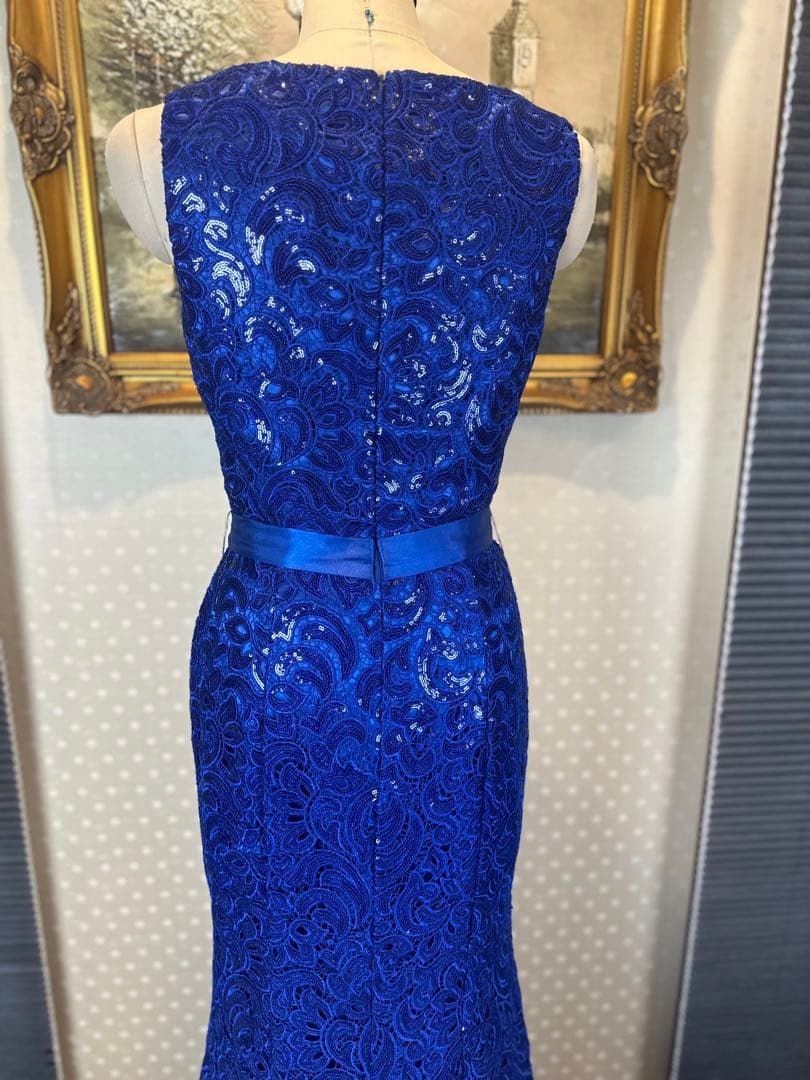 青色レーススパンコール刺繍マーメイドドレス ウエストリボン付き