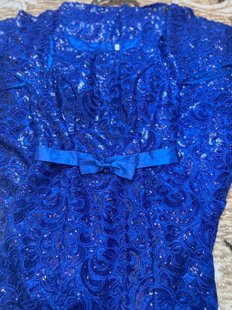 青色レーススパンコール刺繍マーメイドドレス ウエストリボン付き