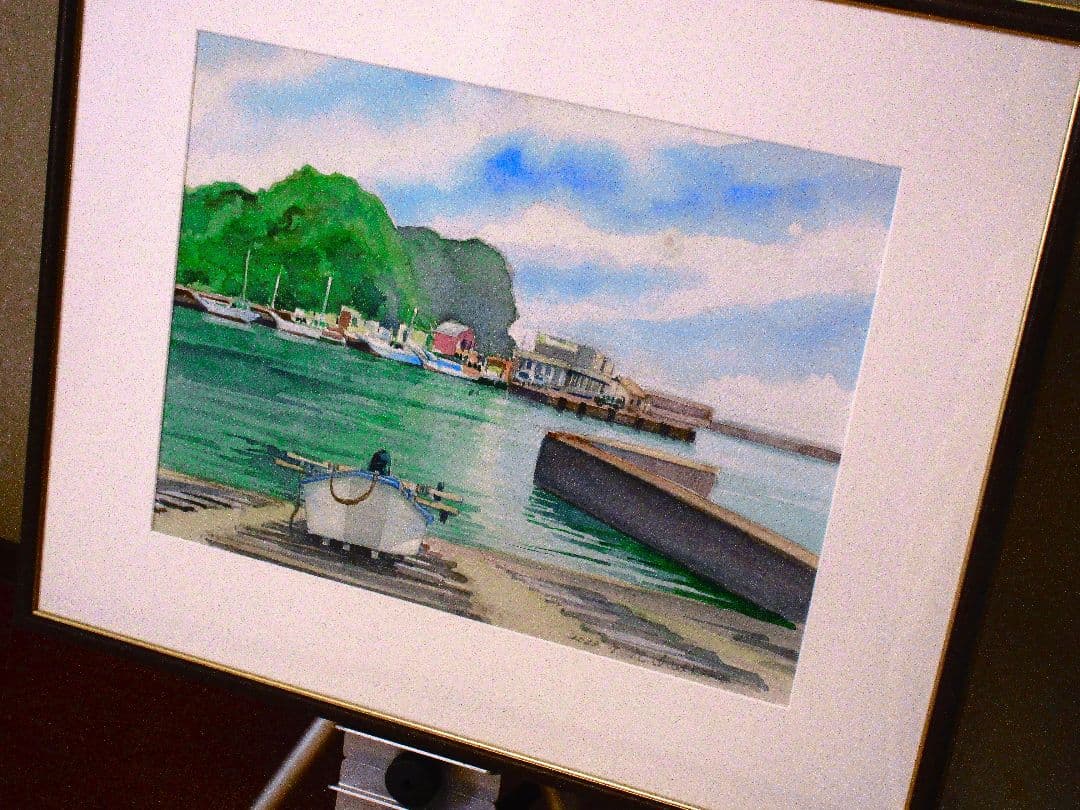 港の風景 水彩画 フレーム付き 原画 F6サイズ