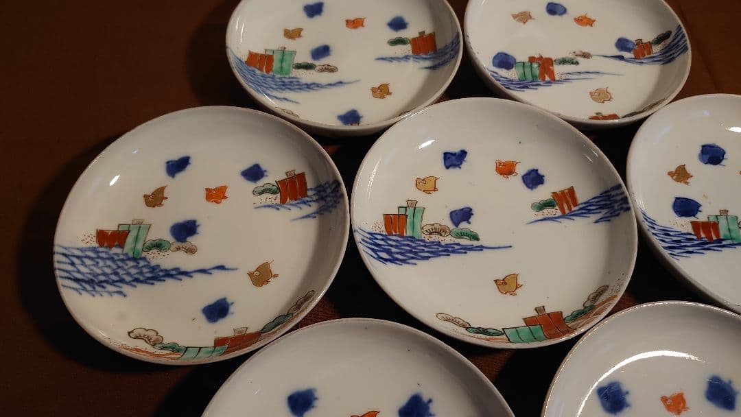 古伊万里　伊万里　波千鳥　色絵　アンティーク伊万里　菓子皿　希少図柄　蔵出　７客