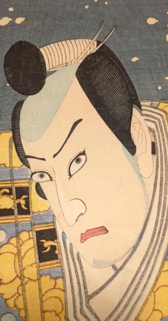 浮世絵版画、役者絵三枚綴りの真ん中と左側二枚売り、豊原国周画慶応3年出版