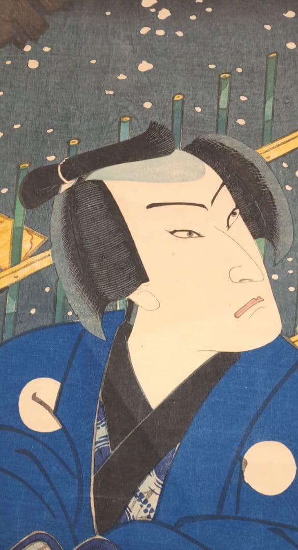 浮世絵版画、役者絵三枚綴りの真ん中と左側二枚売り、豊原国周画慶応3年出版