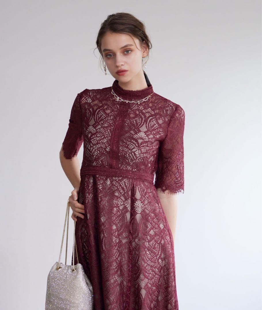 Dorry Doll 配色レース×ハシゴレース切り替えワンピースドレス ボルドー