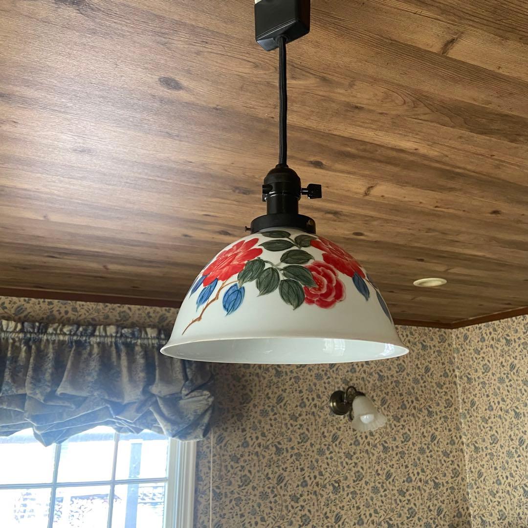 アンティーク照明 電笠 薔薇絵付 磁器シェード ペンダントライト