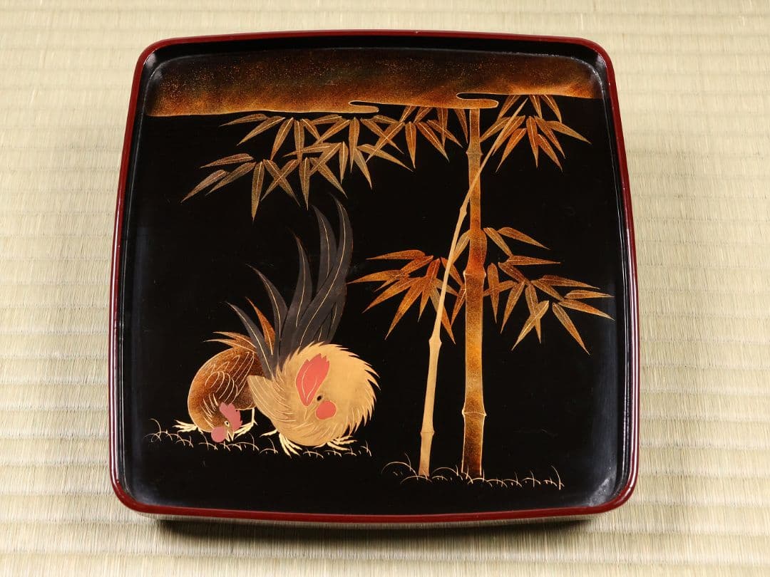 木製漆器 竹鶏蒔絵 吸物膳 五客 溜塗 黒塗 足付 四方膳 茶懐石 CM387