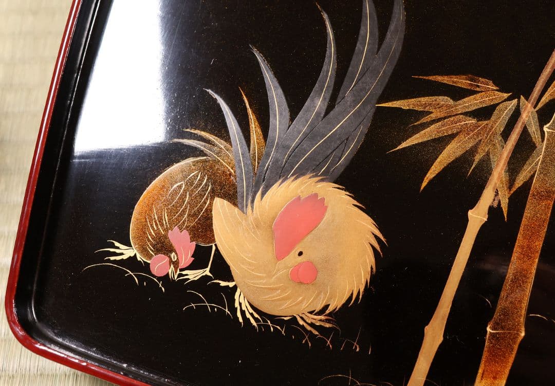 木製漆器 竹鶏蒔絵 吸物膳 五客 溜塗 黒塗 足付 四方膳 茶懐石 CM387
