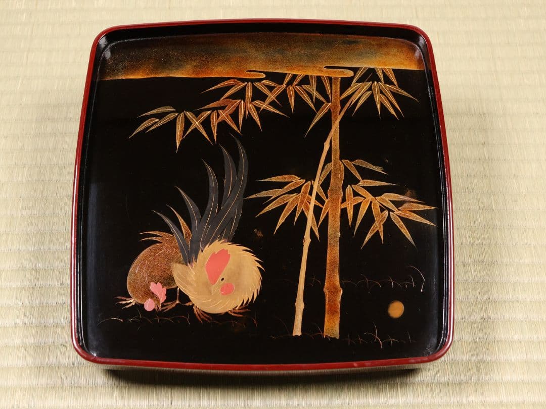 木製漆器 竹鶏蒔絵 吸物膳 五客 溜塗 黒塗 足付 四方膳 茶懐石 CM387